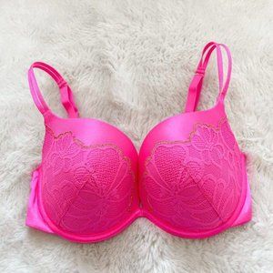 La Senza Bright Hot Pink Gold Accent Floral Lace Push Up Bra 32DD